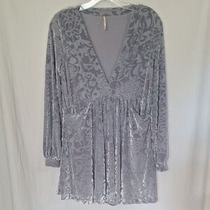 Free People Size XS All Night Long Velvet Burnout Mini Dress Gray Boho Pockets